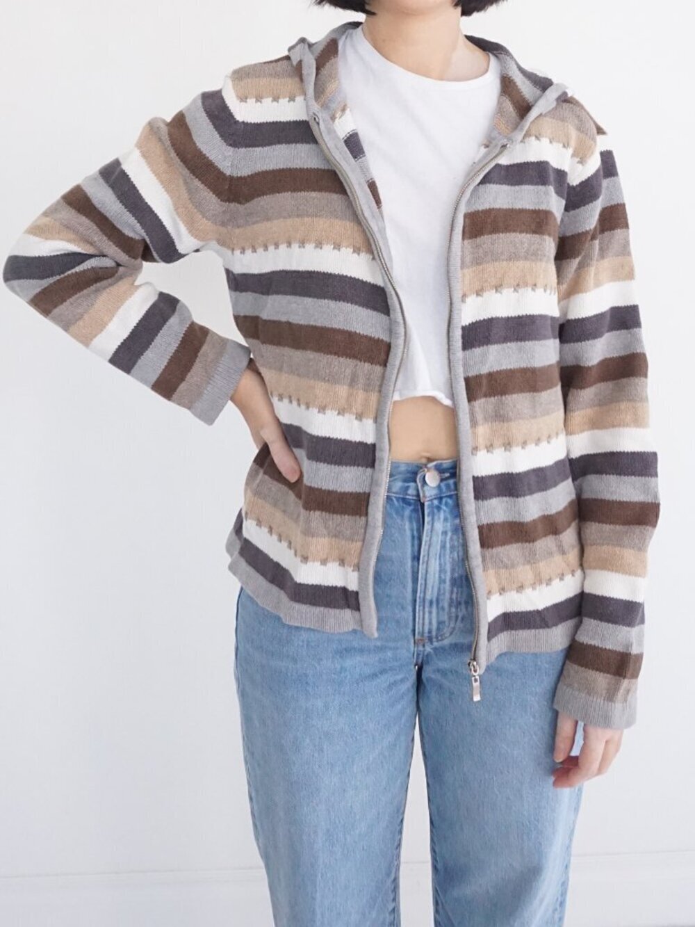 Vintage Crazy Horse Brown Beige Gray Stripe Zip Hooded Sweater Full Zip Knit L